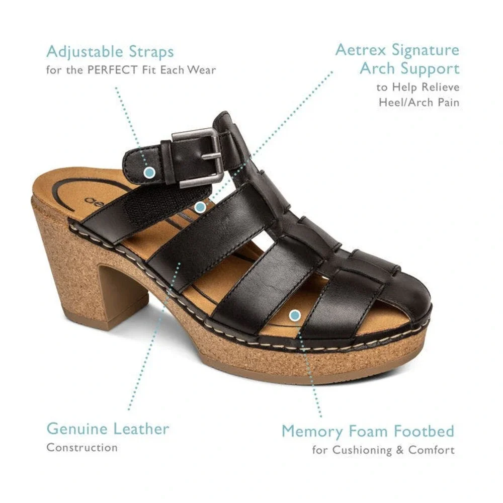 NIB Aetrex Cally 39 8.5 Black Leather Slip On Fisherman Heels Clog Sandals - Picture 5 of 12